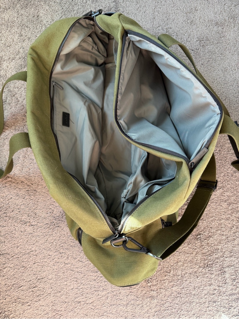 Away Olive Canvas Duffel Bag with Black Accents - Picture 3 of 6